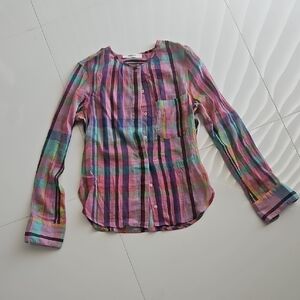 Promod Multicolor Plaid "Crushed" Lightweight Cotton Button Down Blouse